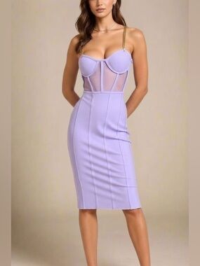 Bodycon Collection Leah Violet Purple Mesh Corset Midi Dress M